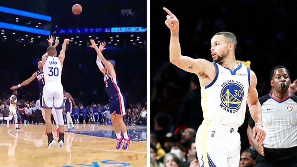 Steph Curry (pictured left) hitting a three and (pictured right) celebrating.