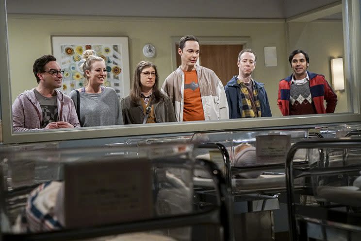 Johnny Galecki, Kaley Cuoco, Mayim Bialik, Jim Parsons, Kevin Sussman, and Kunal Nayyar (Credit: Monty Brinton/CBS)