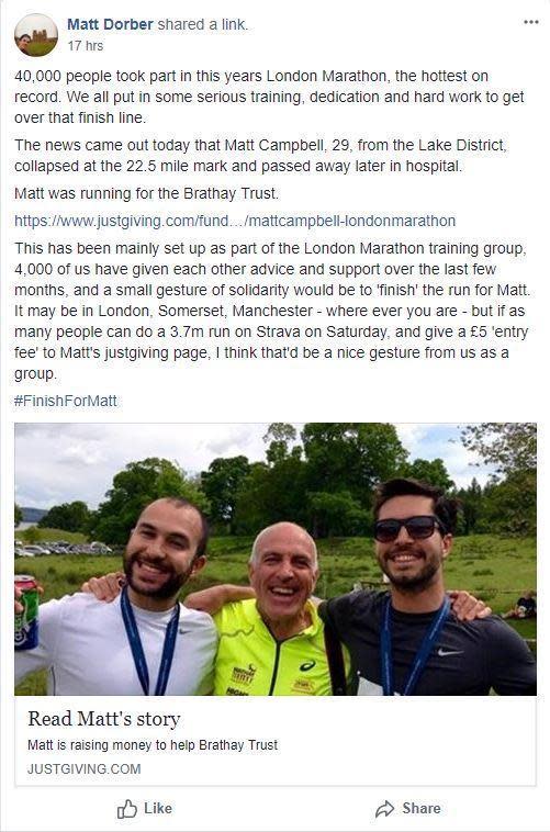 Tribute: the post was shared on a London Marathon training page (Facebook)