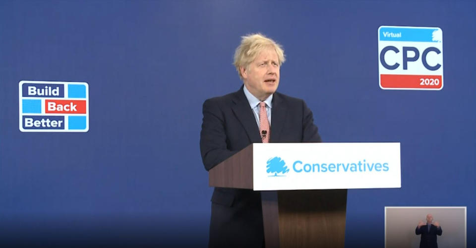 Prime Minister Boris Johnson delivers his address to the virtual Conservative Party Conference, where he announced a ??160 million boost for 'clean energy' initiative. (Photo by PA Video/PA Images via Getty Images)