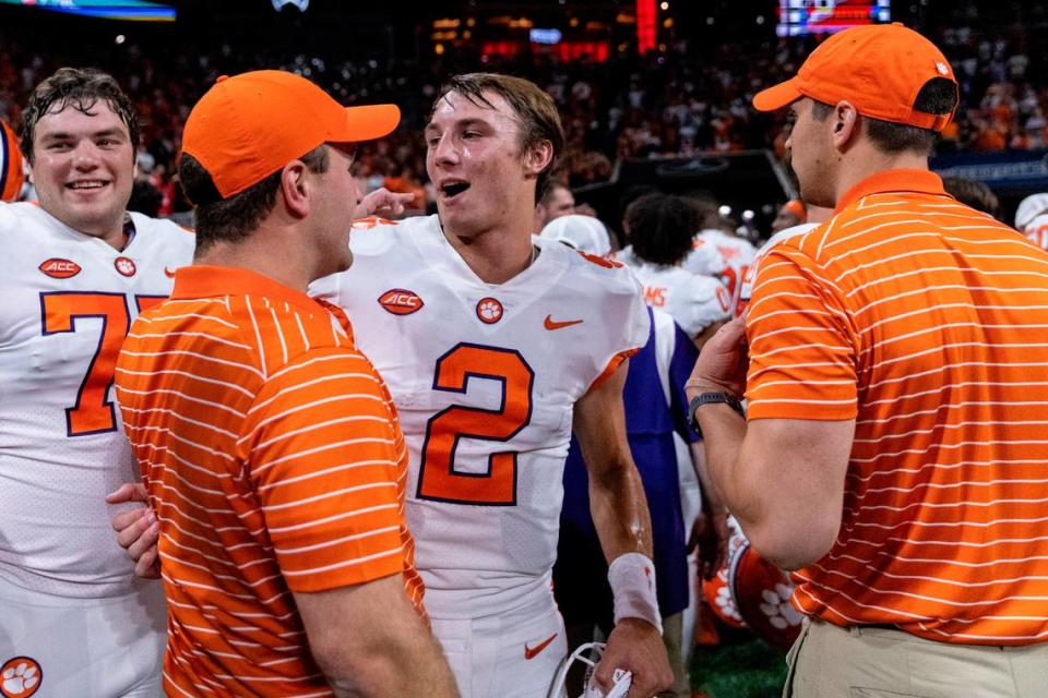 Clemson Tigers quarterback Cade Klubnik (2) celebrates postgame at the Chick-fil-A Kickoff Game, Monday, Sept. 5, 2022, in Atlanta. (Vasha Hunt via Abell Images for the Chick-fil-A Kickoff Game)