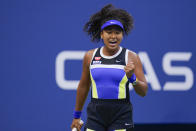 Naomi Osaka, of Japan, reacts during the women's singles final against Victoria Azarenka, of Belarus, during the US Open tennis championships, Saturday, Sept. 12, 2020, in New York. (AP Photo/Seth Wenig)