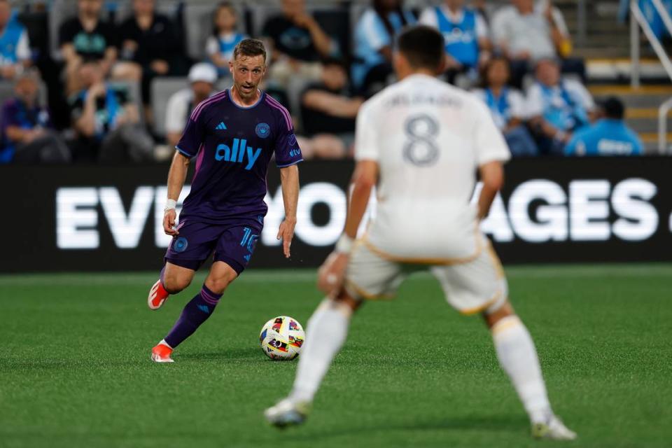 Charlotte FC midfielder Brecht Dejaegere dribbles during the first half at Bank of America Stadium on May 18, 2024.