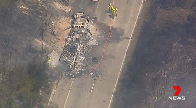 The truck was completely destroyed in the fire. Source: 7 News