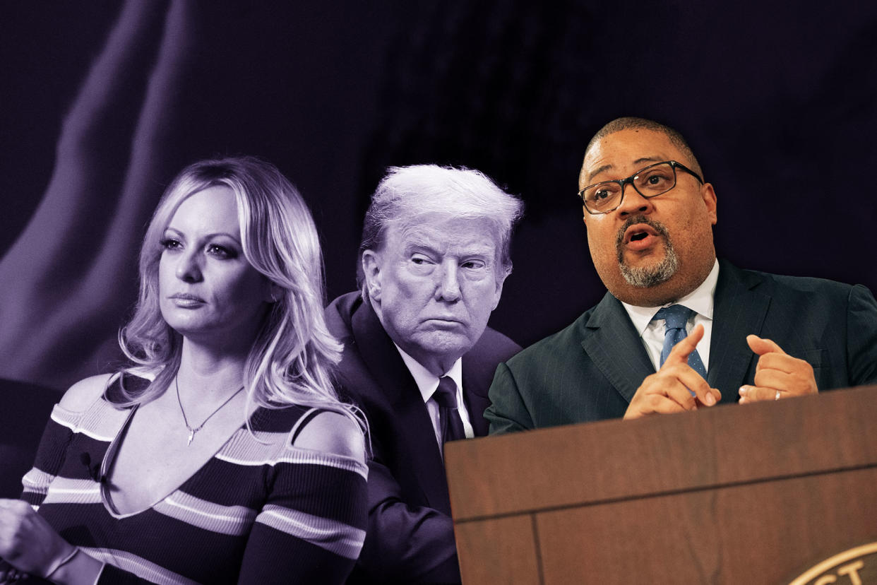 Donald Trump, Stormy Daniels and Alvin Bragg Photo illustration by Salon/Getty Images