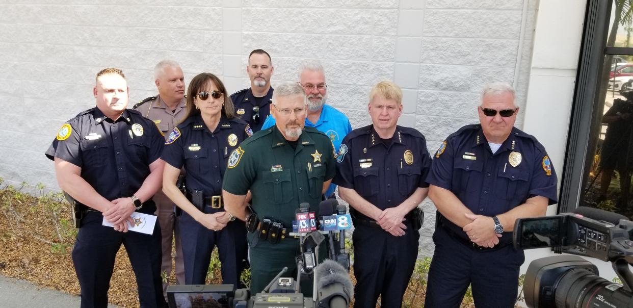 Manatee County Sheriff Rick Wells speaks with media after meeting with a group called Stronger Together Reaching Equality Across Manatee.