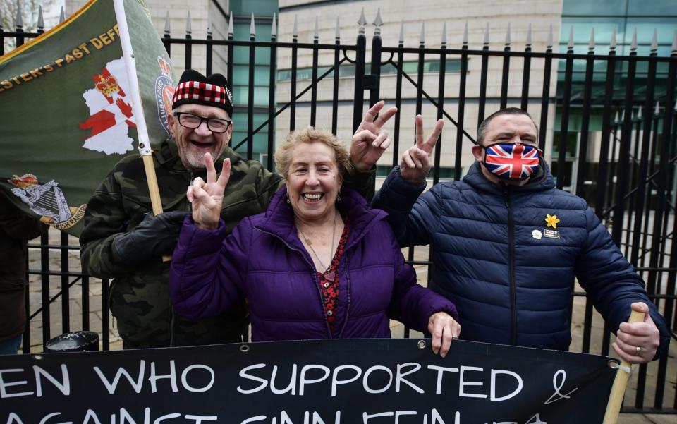 Veterans and supporters celebrate as the trial of two Northern Ireland veterans accused of murdering Official IRA member Joe McCann in 1972 collapses - Charles McQuillan/Getty