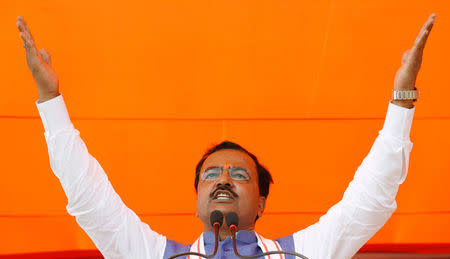 Keshav Prasad Maurya, the Uttar Pradesh state's president for the ruling Bharatiya Janata Party (BJP), gestures as he addresses an election campaign rally in Bah, in the central state of Uttar Pradesh, India, February 2, 2017. REUTERS/Adnan Abidi