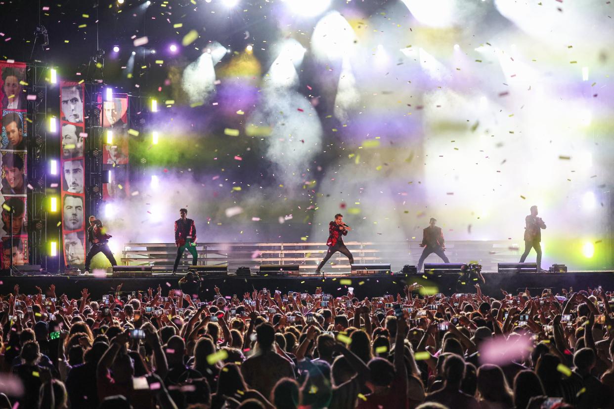 New Kids on the Block — brothers Jonathan and Jordan Knight, Joey McIntyre, Donnie Wahlberg, and Danny Wood — played for a near capacity crowd at the 2023 Iowa State Fair on Aug. 12, 2023.