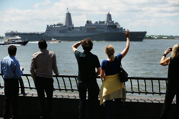 The Norfolk-based USS Arlington joins the Parade of Ships as it makes its way past the Statue of Liberty on the opening day of Fleet Week on May 23, 2018 in New York City. Now in its 30th year, Fleet Week brings more than 3,700 U.S. and Canadian service members to Manhattan through Memorial Day. (Photo by Spencer Platt/Getty Images)