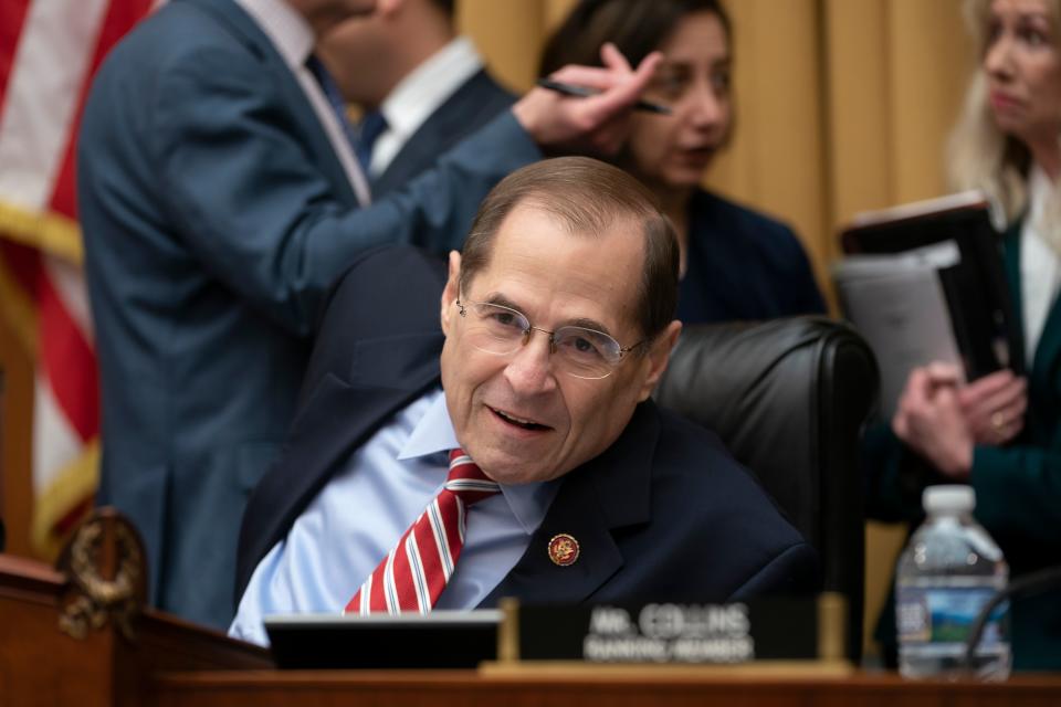 House Judiciary Committee Chairman Jerrold Nadler, D-N.Y., passes a resolution to subpoena special counsel Robert Mueller's full report, on Capitol Hill in Washington, Wednesday, April 3, 2019.