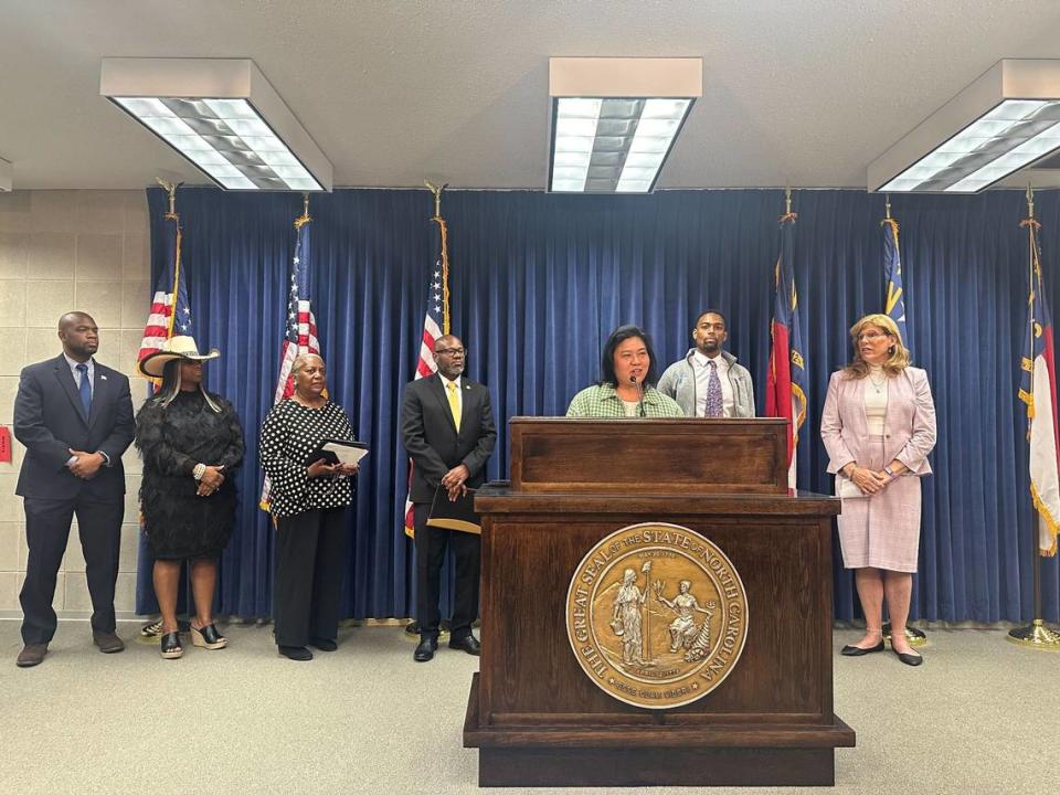 Democratic state lawmakers speak about diversity, equity and inclusion policies in a news conference on May 22, 2024.