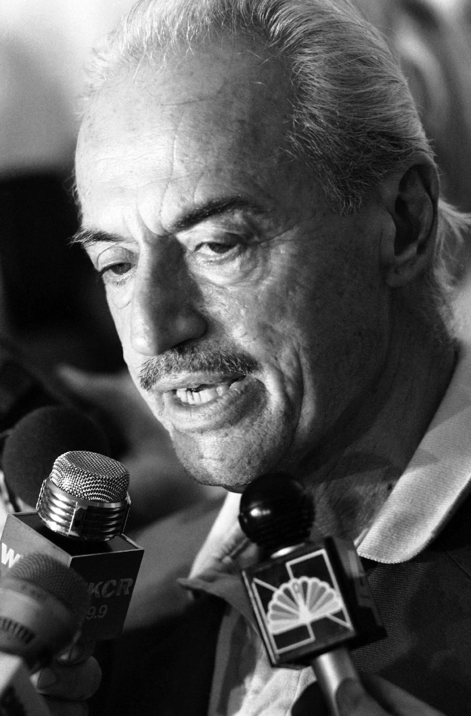 FILE - This July 31, 1981 file photo shows Marvin Miller talking to reporters at the Doral Inn in New York. Miller, the union leader who created free agency for baseball players and revolutionized professional sports with multimillion dollar contracts, died Tuesday, Nov. 27, 2012 in New York. He was 95. (AP Photo/Burnett, File)