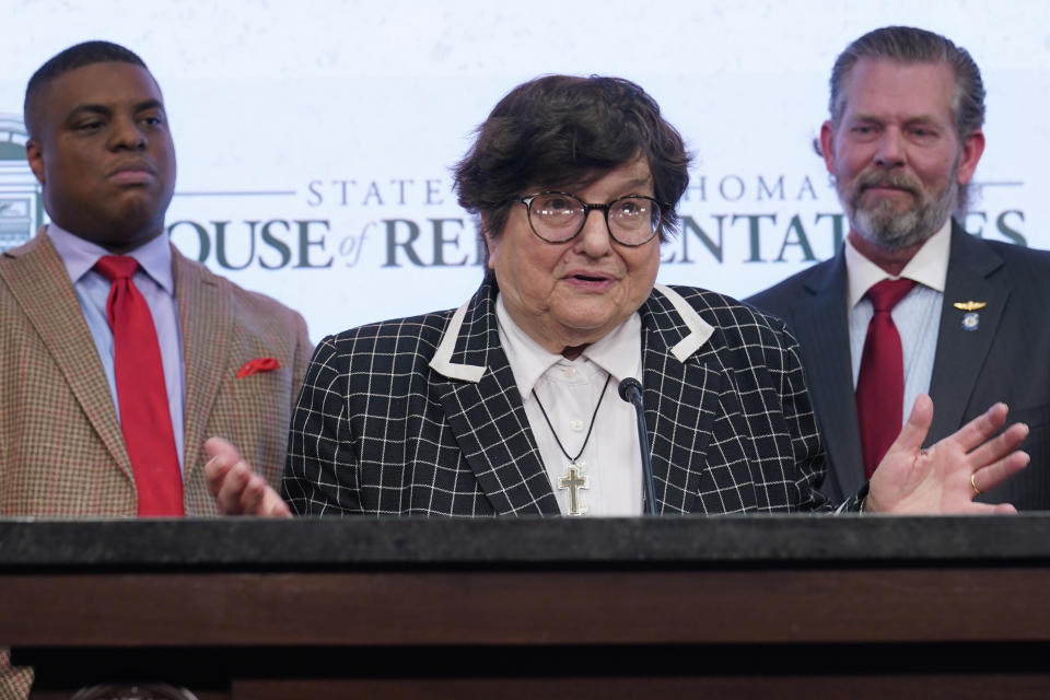 Death penalty opponent Sister Helen Prejean, center, gestures as she speaks during a news conference concerning continued attempts to halt the execution of Richard Glossip, Thursday, May 4, 2023, in Oklahoma City. (AP Photo/Sue Ogrocki)