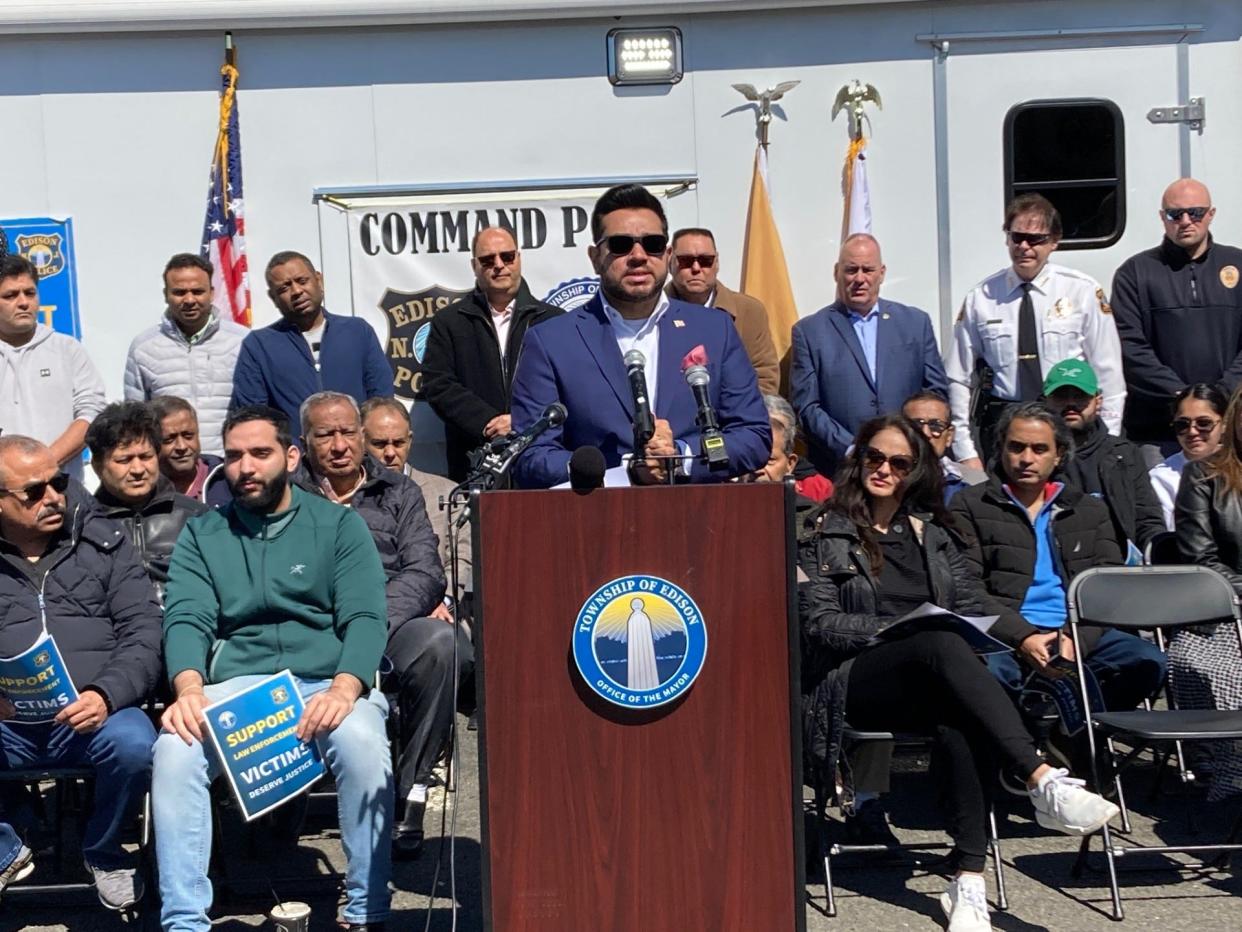 Edison Mayor Sam Joshi speaks during a news conference Monday addressing the need for juvenile offenders to be held accountable for their crimes.