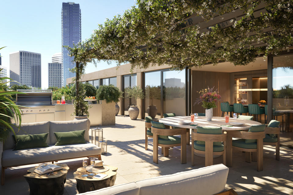 Rooftop outdoor and indoor dining areas at Rosewood Residences Beverly Hills.