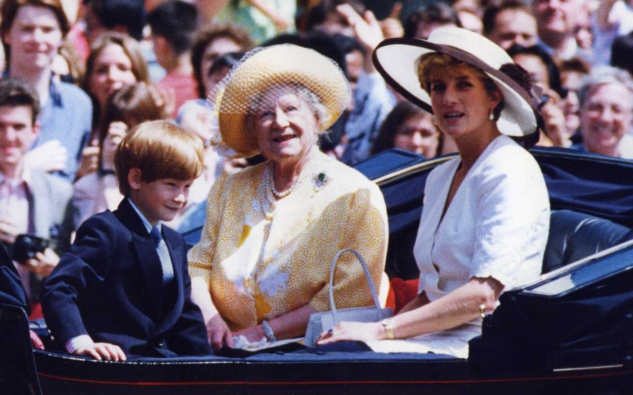 Prince Harry, with the Queen Mother and Princess Diana in 1992