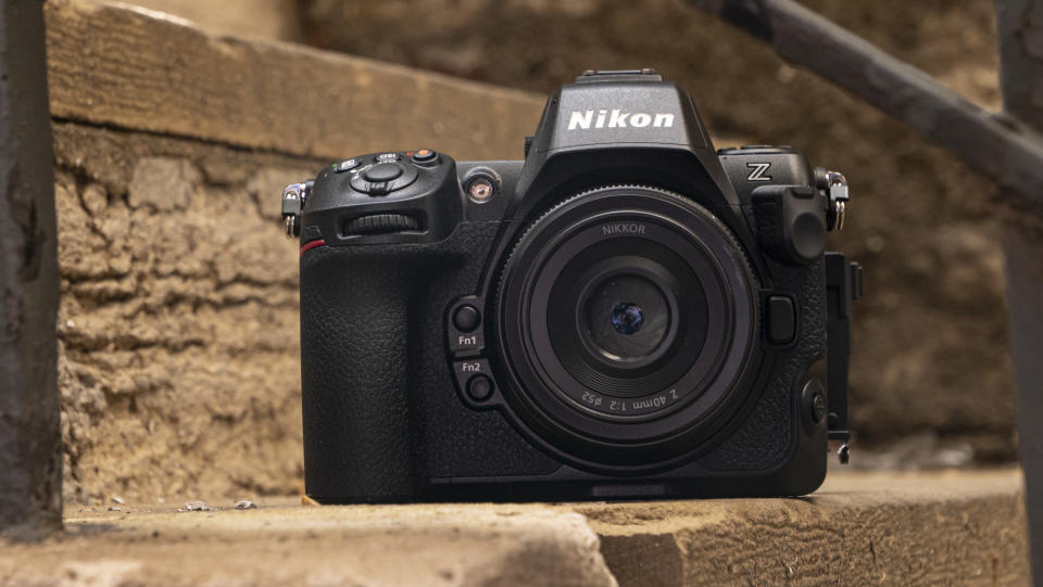 Nikon Z8 camera outside on the ground with of the front