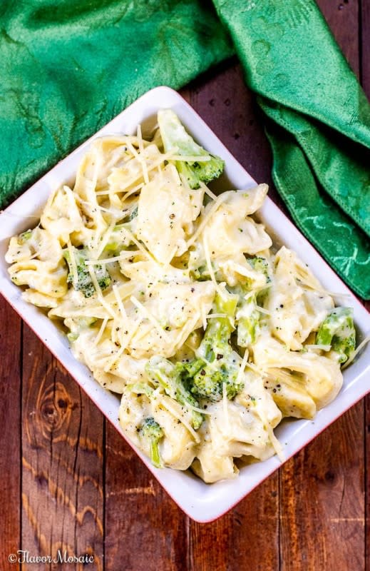 <p>Flavor Mosaic</p><p>This Alfredo with tortellini is bursting with flavor with its pillowy cheese-stuffed tortellini in a creamy garlic parmesan Alfredo sauce with broccoli florets.</p><p><strong>Get the recipe: <a href="https://flavormosaic.com/broccoli-tortellini-alfredo/" rel="nofollow noopener" target="_blank" data-ylk="slk:Tortellini Broccoli Alfredo;elm:context_link;itc:0;sec:content-canvas" class="link ">Tortellini Broccoli Alfredo</a></strong></p>