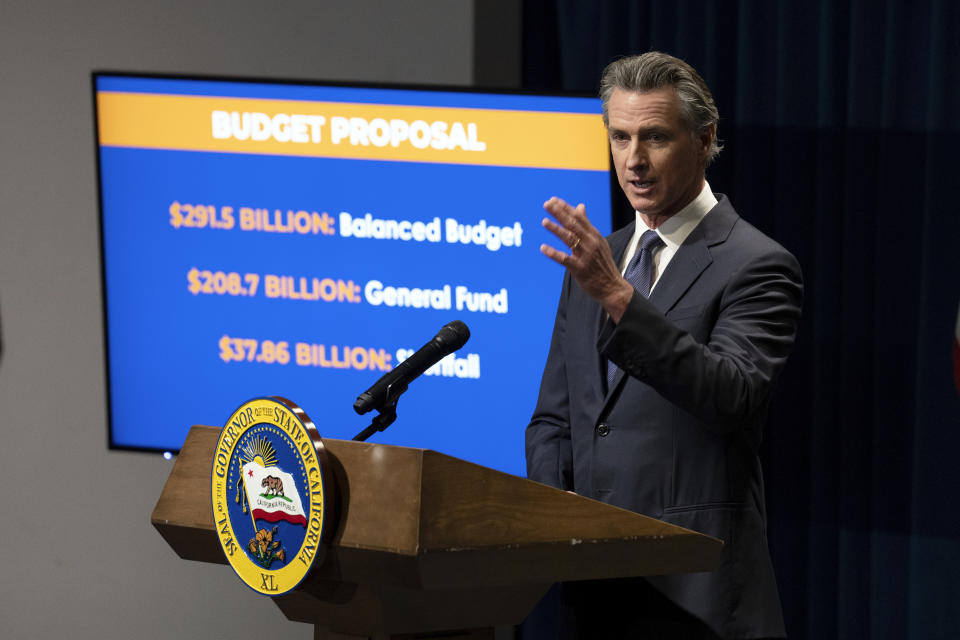 California Gov. Gavin Newsom discusses his proposed state budget for the 2024-2025 fiscal year, during a news conference in Sacramento, Calif., Wednesday, Jan. 10, 2024. (AP Photo/Rich Pedroncelli)