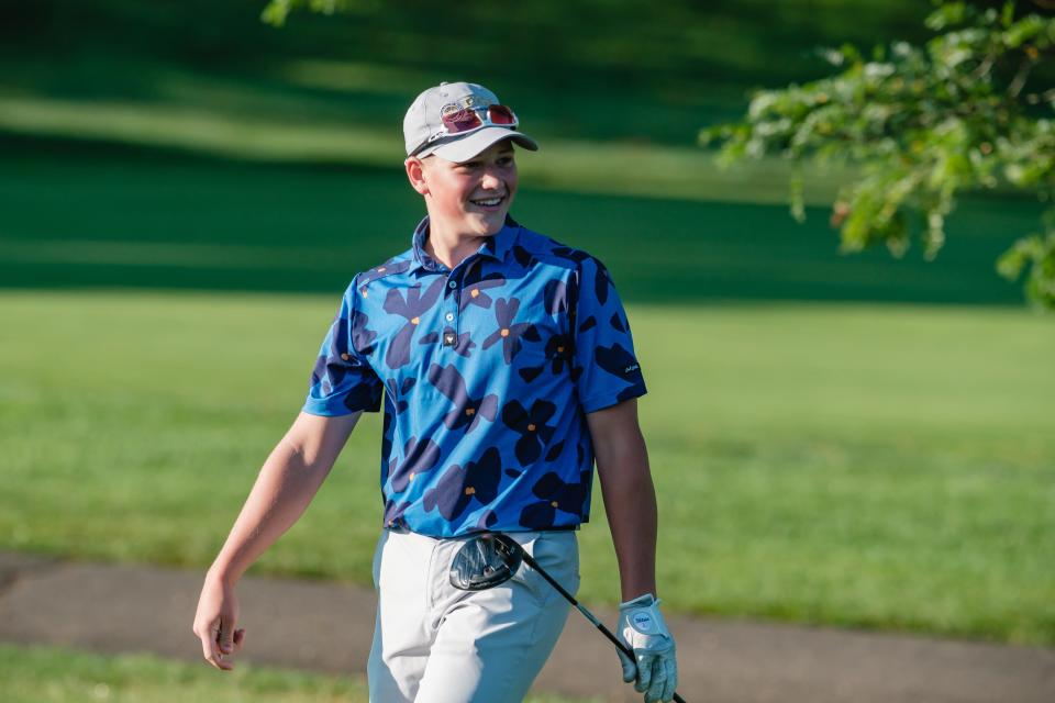 Zach Dale reacts to his first drive during the First National Bank Junior Golf Tour, Thursday, July 21 at Wilkshire Golf Course in Bolivar.