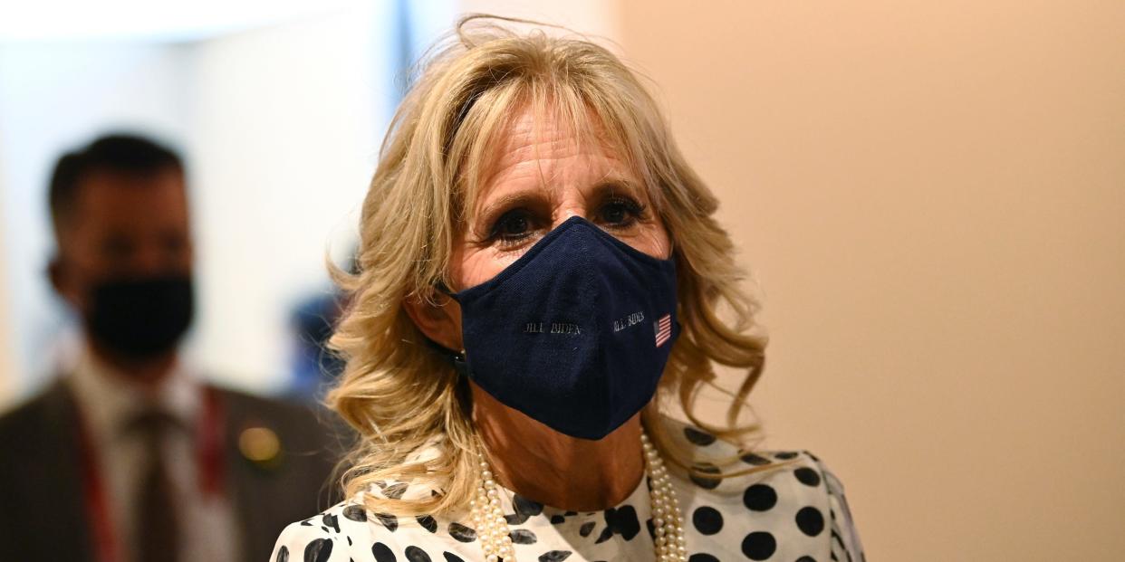 First lady of the United States Jill Biden arrives for the opening ceremony in the Olympic Stadium at the 2020 Summer Olympics, Friday, July 23, 2021, in Tokyo, Japan.