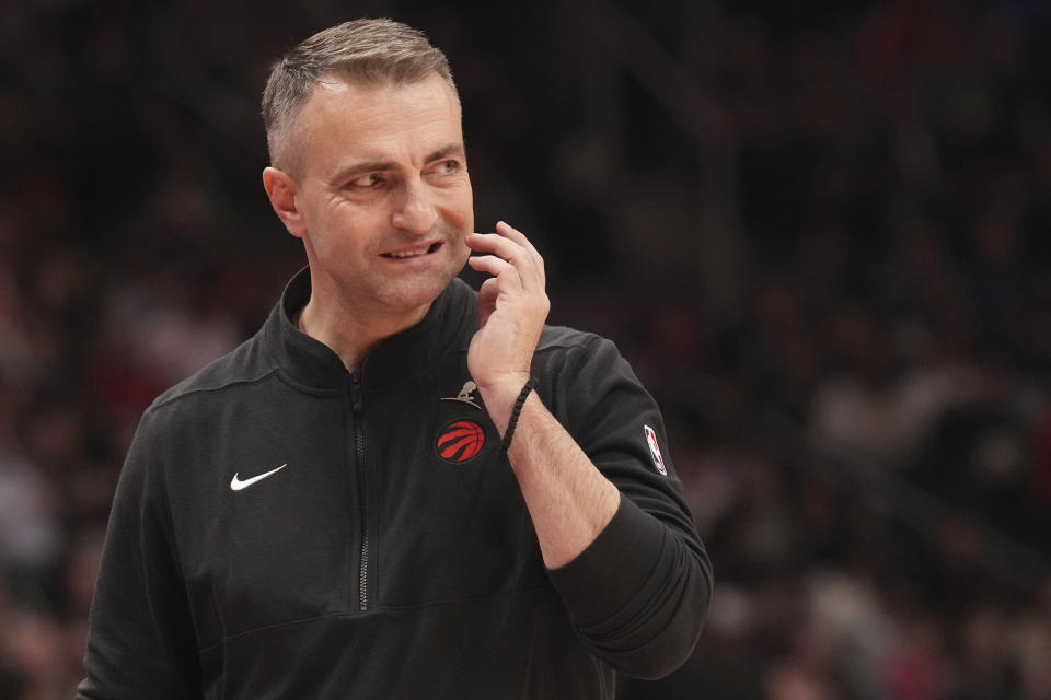 Toronto Raptors head coach Darko Rajakovic reacts during an NBA basketball game against the Phoenix Suns in Toronto on Wednesday, Nov. 29, 2023. (Chris Young/The Canadian Press via AP)