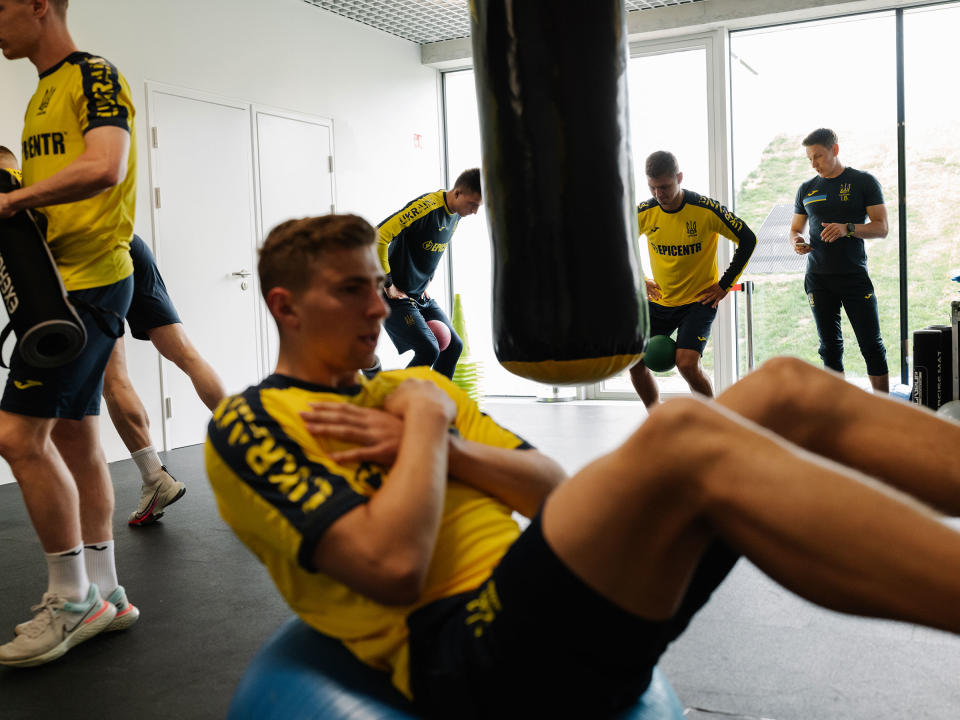 Members of the team train in the gym at the National Football Center in Brdo, Slovenia.<span class="copyright">Ciril Jazbec for TIME</span>