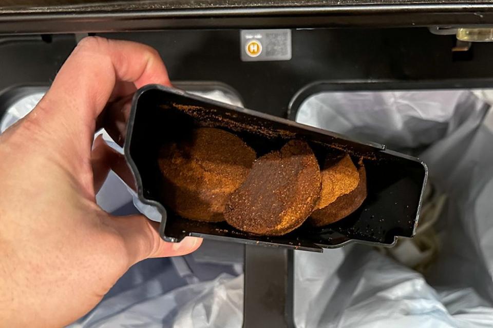 the coffee grounds from the truebrew coffee maker made into pucks