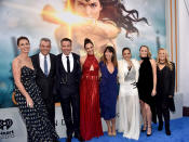 <p>From left: Actors Connie Nielsen, Danny Huston, Chris Pine, Gal Gadot, director Patty Jenkins, actors Elena Anaya, Robin Wright and Lucy Davis on May 25. (Photo: Alberto E. Rodriguez/Getty Images) </p>