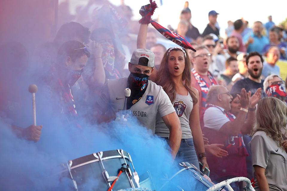 Memphis 901 FC's Bluff City Mafia watches as their team takes on Orlando City SC during the Lamar Hunt U.S. Open Cup at Mike Rose Soccer Complex Wednesday, June 12, 2019.