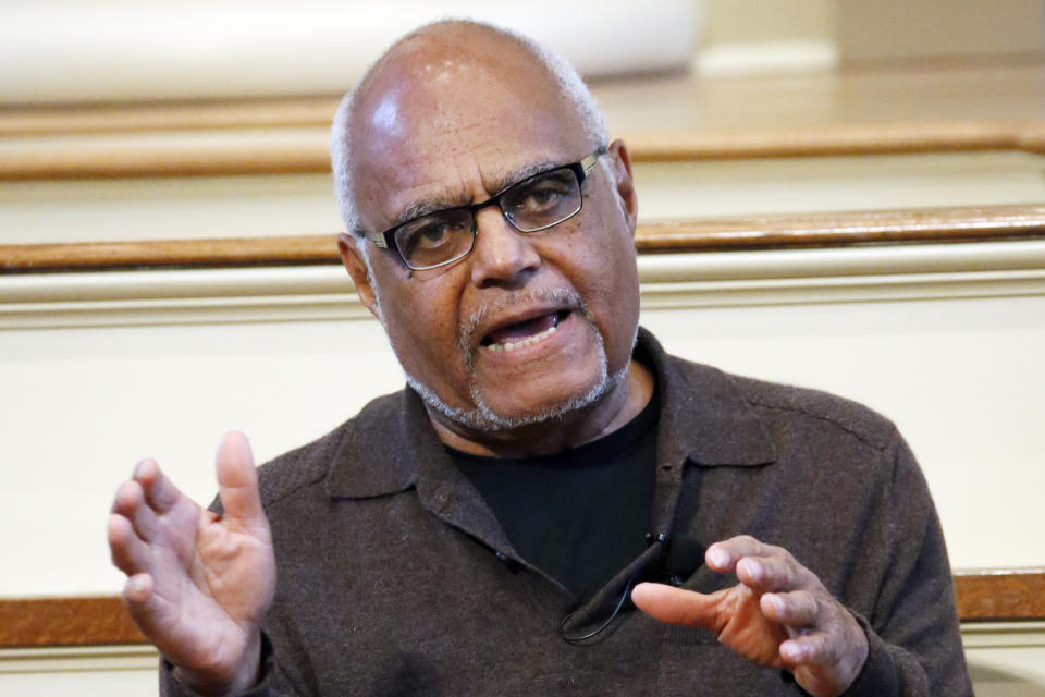 FILE - In this Feb. 5, 2014 file photo shows Robert "Bob" Moses, a director of the Mississippi Summer Project and organizer for the Student Non-Violent Coordinating Committee (SNCC) answers questions about Freedom Summer in 1964 during a national youth summit hosted by the Smithsonian's National Museum of American History, at the Old Capitol Museum in Jackson, Miss. Moses, a civil rights activist who endured beatings and jail while leading Black voter registration drives in the American South during the 1960s and later helped improve minority education in math, died Sunday, July 25, 2021, in Hollywood, Fla. He was 86. (AP Photo/Rogelio V. Solis, File)