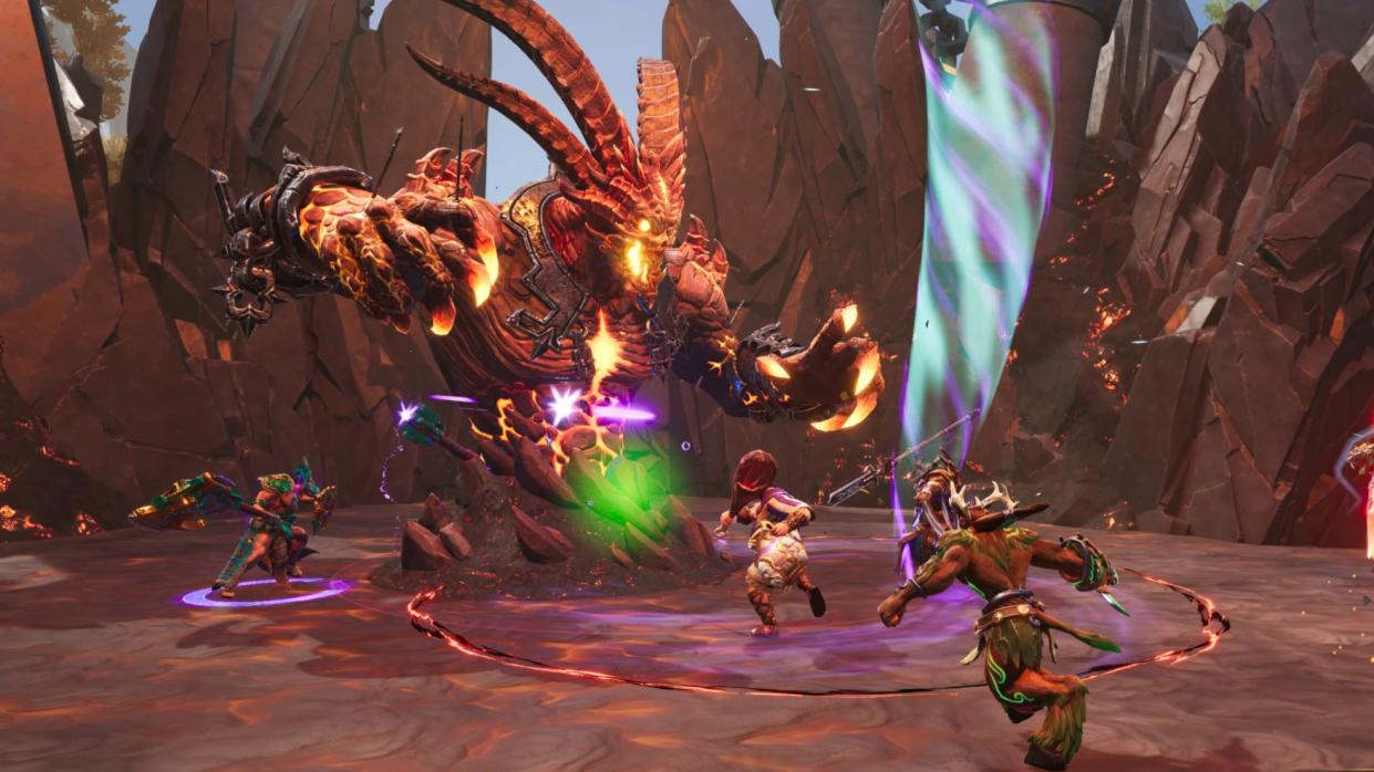  Players attack a demonic figure in Smite 2. 