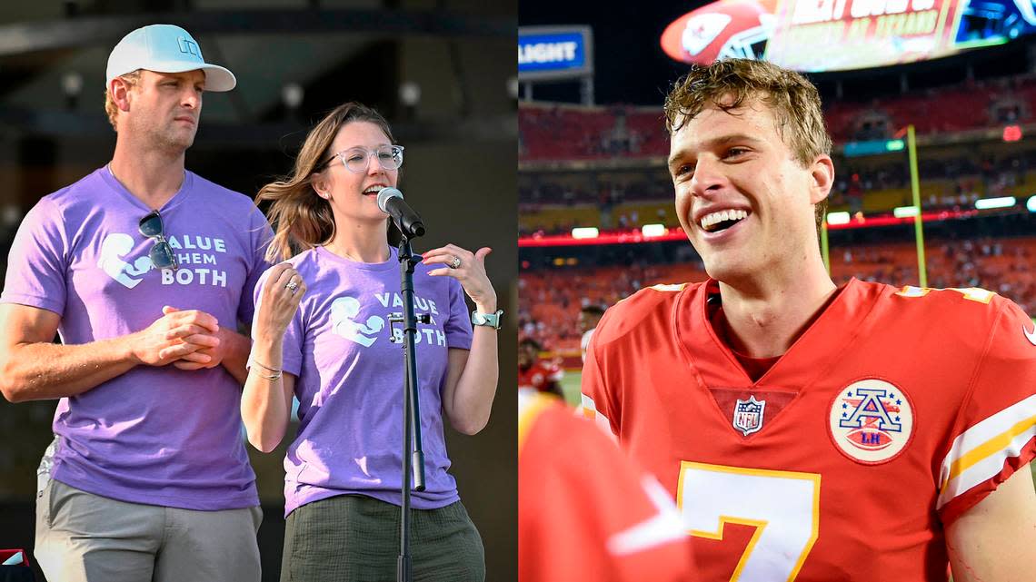 Former longtime Kansas City Chiefs punter Dustin Colquit, left, shown with his wife, Christia Colquitt at an Value Them Both anti-abortion event earlier this year, and current Chiefs kicker Harrison Butker have both made ads asking Kansas voters to vote ÒyesÓ on the abortion amendment on TuesdayÕs ballot.