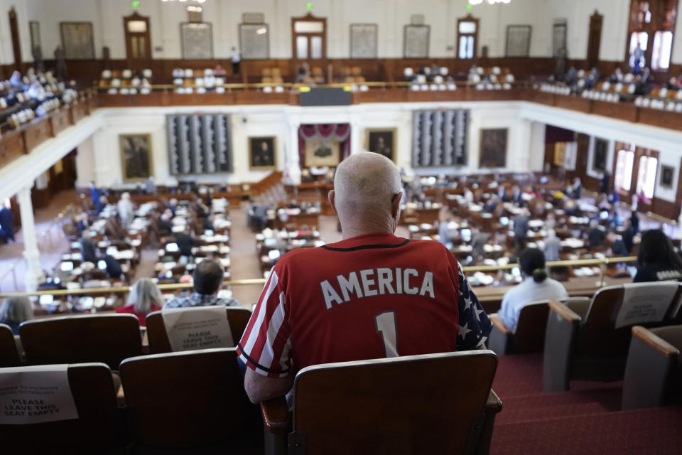 Gerald Welty sits the House Chamber at the Texas Capitol as he waits to hear debate on voter legislation in Austin, Texas, Thursday, May 6, 2021. (AP Photo/Eric Gay)