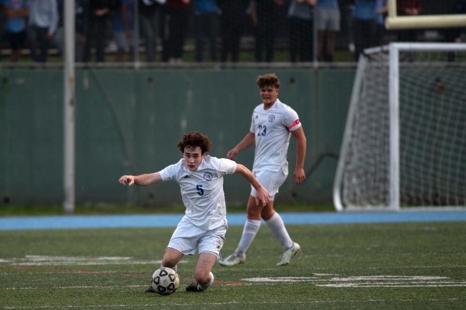 CEC junior Jack Barnett follows the ball at James Ramp Memorial Recreation Center in Philadelphia on Wednesday, Oct. 26, 2022. Conwell-Egan Catholic fell to Father Judge 2-0 in PCL semifinals.