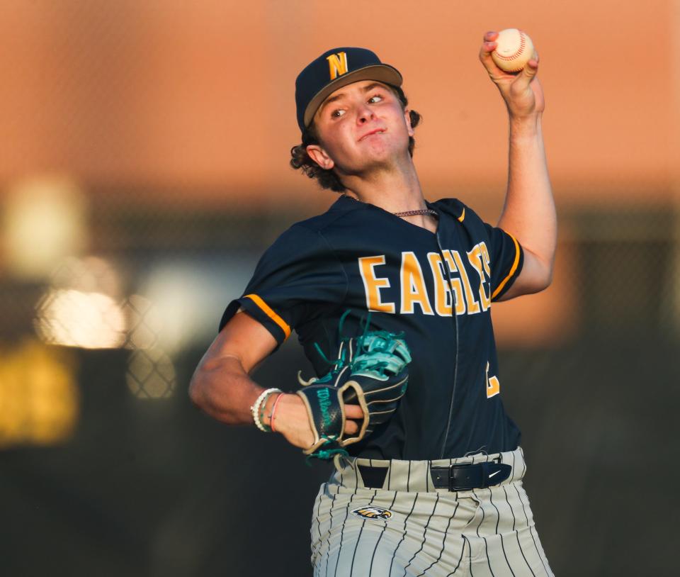Naples Golden Eagles pitcher Brendan Murphy (2) throws during the first inning of the Class 5A Region 3 quarterfinal against the Seminole Warhawks at Naples High School on Tuesday, May 9, 2023.