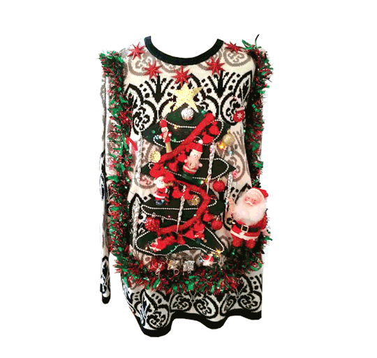 We saved the best for last. With its ornaments, garlands, sequins, Christmas tree motif, dangling Santa Claus, and WORKING LIGHTS (!!!), is there ANYTHING this sweater doesn’t have going for it? In a word… no. But ya better hurry… there’s only one of these babies available in the ENTIRE world. 