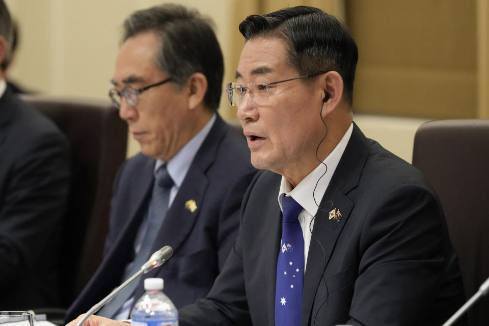 South Korea's Minister of Foreign Affairs, Cho Tae-yul, left, is alongside South Korea's National Defense Minister Shin Won-sik during an Australia and South Korea Foreign and Defence Ministers meeting in Melbourne, Wednesday, Australia, May 1, 2024. (Asanka Brendon Ratnayake/Pool Photo via AP)