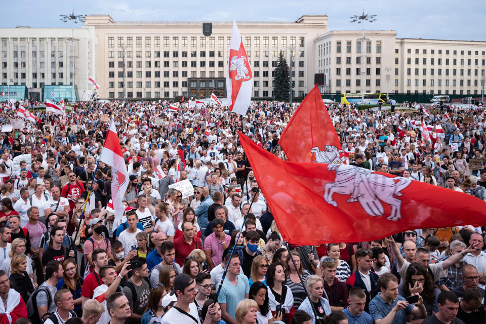 Image: Demonstrators participate in an anti-Lukashenko rally on Aug. 18, 2020 in Minsk, Belarus. (Misha Friedman / Getty Images)