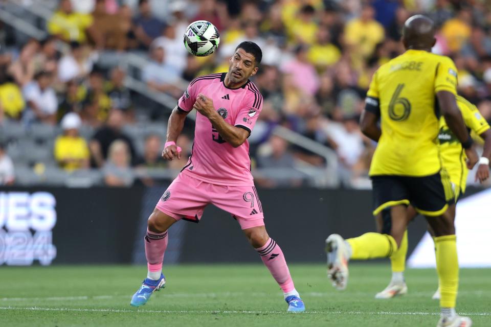 Aug 13, 2024; Columbus, Ohio, USA;Inter Miami CF forward Luis Suarez (9) controls the ball during the first half against the Columbus Crew at Lower.com. Mandatory Credit: Joseph Maiorana-USA TODAY Sports