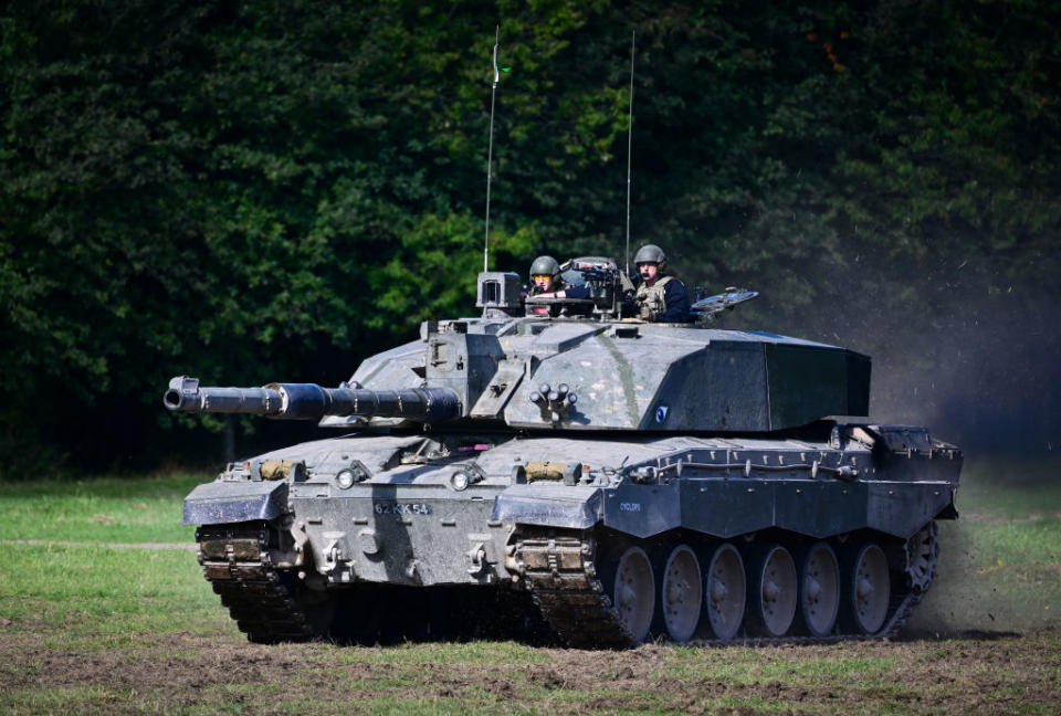 Challenger 2 main battle tank is displayed for the families watching The Royal Tank Regiment Regimental Parade, on September 24, 2022 in Bulford, England.<span class="copyright">Finnbarr Webster—Getty Images</span>