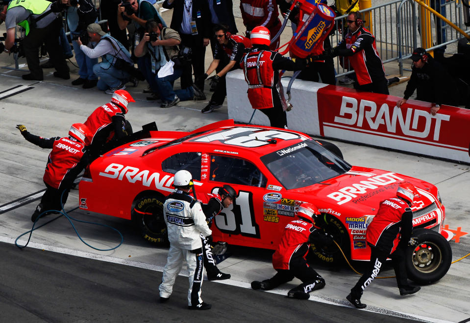 DAYTONA BEACH, FL - FEBRUARY 25: Justin Allgaier, driver of the #31 Brandt Chevrolet, pits during the NASCAR Nationwide Series DRIVE4COPD 300 at Daytona International Speedway on February 25, 2012 in Daytona Beach, Florida. (Photo by Tom Pennington/Getty Images for NASCAR)