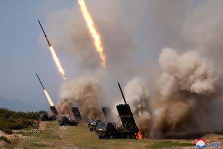 North Korean military conducts a "strike drill" for multiple launchers and tactical guided weapon into the East Sea during a military drill in North Korea, in this May 4, 2019 photo supplied by the Korean Central News Agency (KCNA). KCNA via REUTERS