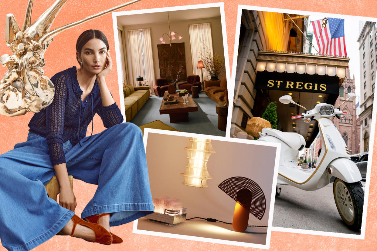 Collage including Lily Aldridge sitting on a chair, sculptures, and a Gap x Dôen collaboration advertisement for Alexa calendar