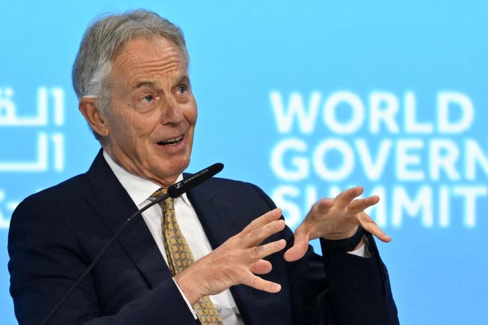 Britain’s former prime minister Tony Blair speaks at a panel session during the World Government Summit in Dubai in February (AFP via Getty Images)