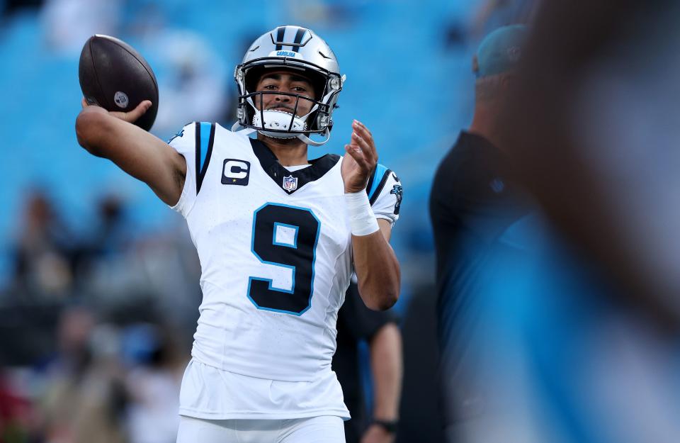 CHARLOTTE, NORTH CAROLINA - SEPTEMBER 18: Bryce Young #9 of the Carolina Panthers warms up prior to the game against the New Orleans Saints at Bank of America Stadium on September 18, 2023 in Charlotte, North Carolina. (Photo by Jared C. Tilton/Getty Images)