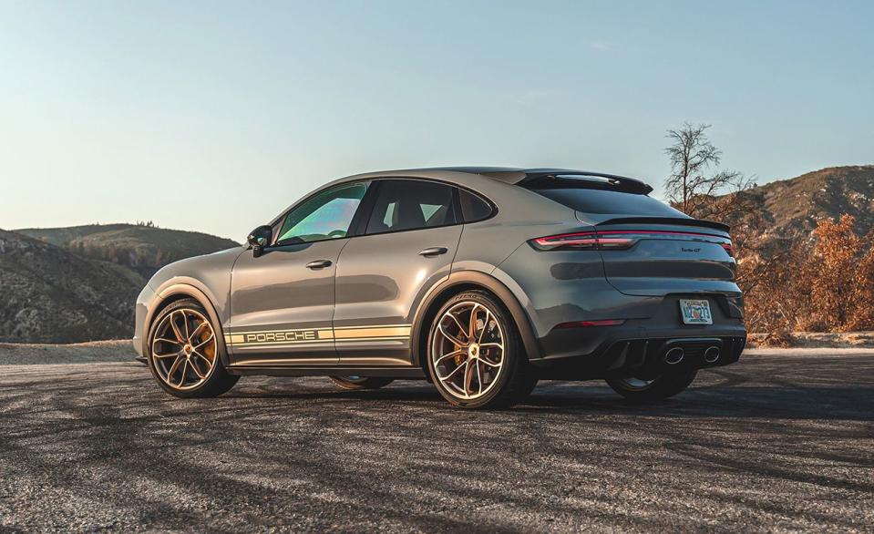 <p>The Porsche Cayenne Turbo GT needs to be felt to be fully understood. A 631-hp twin-turbocharged 4.0-liter V-8 engine rated at 626 pound-feet of torque with a 6800 rpm redline isn't the whole story here. It uses a lightweight titanium exhaust that sheds 40 pounds off what the Cayenne Turbo Coupe uses. A carbon roof helps lighten the load too. Grip is handled by four Pirelli P Zero Corsa streetable track tires that are as wide in the rear as what Ford uses on the back of their 760-hp <a href="https://www.caranddriver.com/ford/mustang-shelby-gt500" rel="nofollow noopener" target="_blank" data-ylk="slk:Mustang Shelby GT500;elm:context_link;itc:0;sec:content-canvas" class="link ">Mustang Shelby GT500</a>. To help keep the 5050-pound Porsche stable, Porsche's Dynamic Chassis Control (PDCC) system's active anti-roll bars keep the momentum longitudinal. With a top speed of 186 mph, the Cayenne Turbo GT is the lightest, most powerful gas-only Cayenne ever built.</p><p><a class="link " href="https://www.caranddriver.com/porsche/cayenne-coupe/specs" rel="nofollow noopener" target="_blank" data-ylk="slk:MORE CAYENNE TURBO GT SPECS;elm:context_link;itc:0;sec:content-canvas">MORE CAYENNE TURBO GT SPECS</a></p>