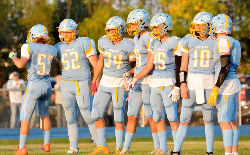 Players, from left, Kadyn Swenson (55), Noah Smith (52), Dawson Noem (34), Zac VanMeeteren (19), Evan Stormo (15), Tyson Stevenson (10) and Luke Fraser (7) have led Hamlin High School's football team to a 5-0 record and the No. 3 ranking in Class 9AA. The Chargers visit third-ranked Class 9A Castlewood (4-0) at 7 p.m. on Friday,.