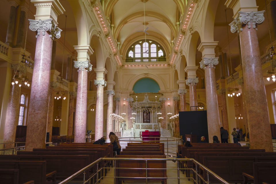 People visit Eliyahu Hanavi synagogue in Alexandria, Egypt, Friday, Jan. 10, 2020, re-opened three years after the Egyptian government started the renovations of the synagogue originally built in 1354. (AP Photo/Hamada Elrasam)